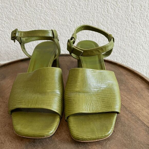 Everlane Green Reptile Textured Leather The Block Heel Sandals Women's Size 9 - Picture 2 of 5